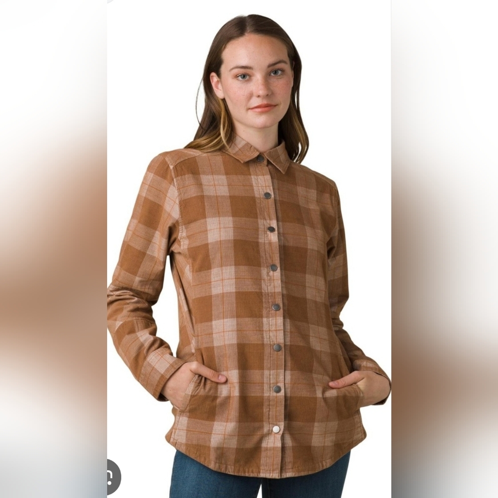 Prana Porter Park Corduroy Brown Plaid Lined Snaps Shackett Shirt Jacket, S